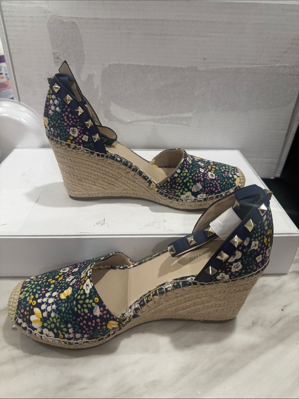 Marc Fisher Navy Floral Studded Espadrille Wedge